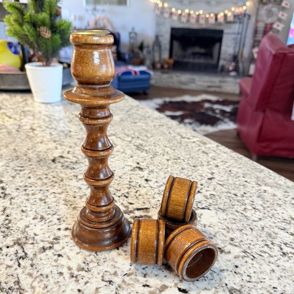 Mid Century wood candlestick holder napkin ring combo - Picture 4 of 13